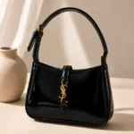 Women’s Black Patent Shoulder Bag | Elegant Glossy Handbag with Gold-Tone Hardware