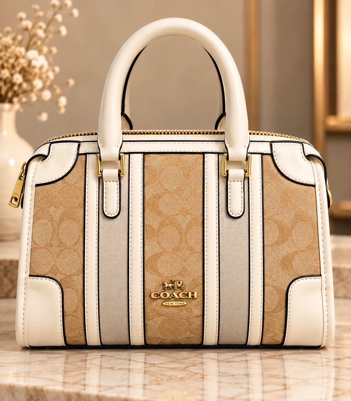 ChatGPT Image Sep 24, 2026, 10_49_22 PM Elegant Signature Pattern Handbag – Cream & Beige - Image 1