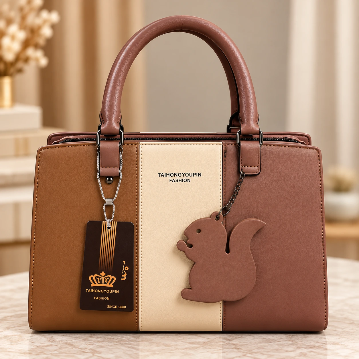 ChatGPT Image Sep 25, 2026, 01_07_07 AM Elegant Three-Tone Structured Tote Bag – Brown, Cream & Pink - Image 1