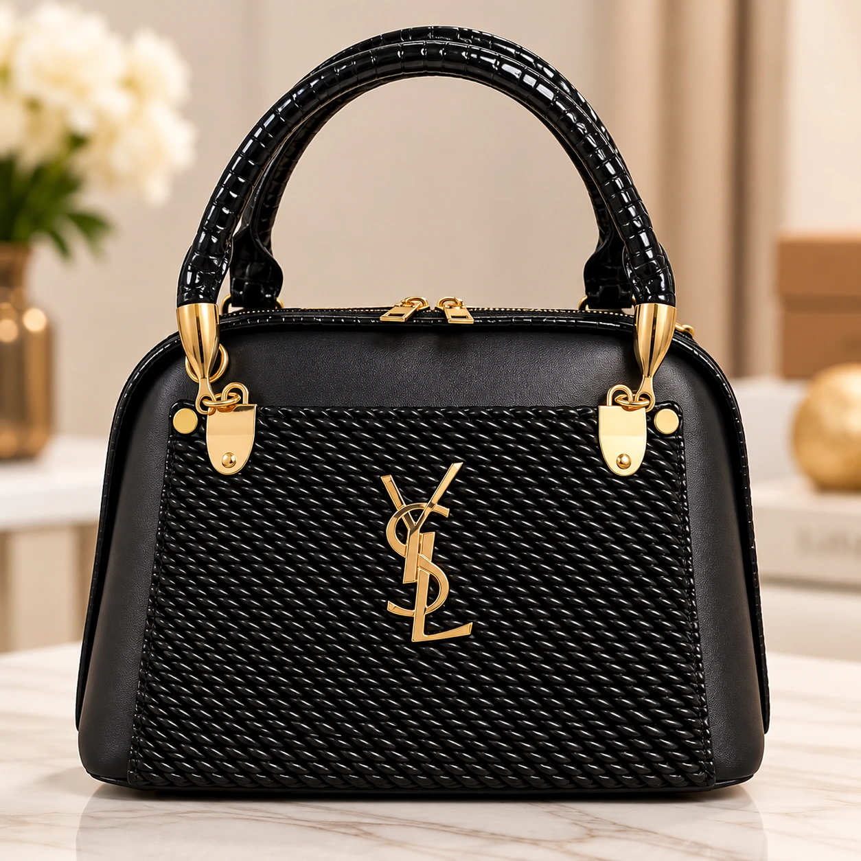 ChatGPT Image Sep 25, 2026, 01_52_26 AM Elegant Black Textured Handbag with Gold Hardware - Image 1